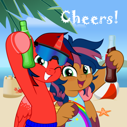 Size: 5000x5000 | Tagged: safe, artist:jhayarr23, oc, oc:lightning t bolt, oc:solar comet, alicorn, crab, pegasus, starfish, beach, beach ball, bow, boyfriend and girlfriend, cheers, clothes, commission, couple, female, hair bow, hoof around neck, hoof hold, horn, leotard, mare, ocean, outdoors, palm tree, raised hoof, sandcastle, soda, stallion, sunglasses, swimming trunks, swimsuit, tree, water, wings, ych result