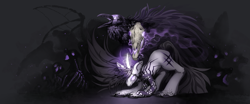 Size: 5739x2388 | Tagged: safe, artist:blazingstred, oc, oc:isabelle bane, bird, crow, undead, unicorn, fanfic:iron hearts, amulet, chaos star, commissioner:sfaccountant, creepy, dark magic, horn, jewelry, magic, necromancer, necromancy, skull, unicorn oc