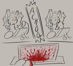 Size: 964x883 | Tagged: safe, artist:reddthebat, oc, oc only, oc:reddthebat, pony, accident, blood, comic, drawing tablet, female, gray background, mare, nosebleed, partial color, simple background, sneezing, solo