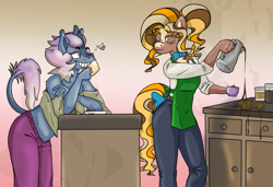 Size: 1201x820 | Tagged: safe, artist:susfully_inspired, oc, oc only, oc:caramel.m, oc:pasteldusk, earth pony, kirin, pony, anthro, barista, coffee, cup, duo, earth pony oc, gradient background, kirin oc, lgbt, oc x oc, shipping