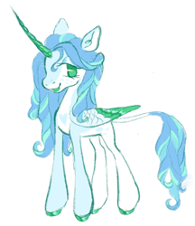 Size: 1376x1596 | Tagged: safe, artist:peaceandlove26, oc, oc only, oc:emerald sky, alicorn, 2021, alicorn oc, blue coat, blue eyes, blue mane, blue tail, chest marking, cloven hooves, colored horn, colored mouth, colored pinnae, colored wings, colored wingtips, curly mane, curly tail, curved horn, facial markings, feathered wings, folded wings, green eyes, green hooves, green mouth, green wingtips, heart, heart mark, horn, leonine tail, lidded eyes, long mane male, long tail, looking back, male, male oc, multicolored wings, oc redesign, old art, open mouth, open smile, profile, shiny hooves, shiny horn, simple background, smiling, solo, stallion, stallion oc, standing, striped mane, striped tail, tail, thin tail, three toned mane, three toned tail, trans male, transgender, transgender oc, two toned coat, unicorn horn, white background, white coat, wings