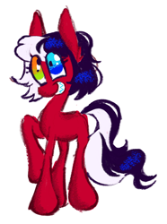 Size: 1440x1934 | Tagged: safe, artist:peaceandlove26, artist:twinklewish, oc, oc only, oc:domino checkerchip, earth pony, pony, 2022, bangs, big eyes, big grin, big hooves, black and white mane, black and white tail, blank flank, bobcut, earth pony oc, eye clipping through hair, eyelashes, female, female oc, grin, heterochromia, long tail, mare oc, old art, red coat, shiny mane, shiny tail, short hair, short mane, simple background, smiling, tail, tall ears, three quarter view, two toned mane, two toned tail, white background