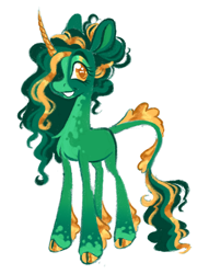 Size: 1530x2000 | Tagged: safe, artist:peaceandlove26, oc, oc only, oc:emerald glisten, 2022, blank flank, blaze (coat marking), chest fluff, cloven hooves, coat markings, colored eyebrows, colored fetlocks, colored hooves, colored horn, colored pupils, curly mane, curly tail, curved horn, eyelashes, eyeshadow, facial markings, gold hooves, golden eyes, golden horn, gradient legs, green coat, green eyelashes, green eyeshadow, green mane, green tail, hair over one eye, hooves, horn, leonien tail, lineless, long legs, long mane, long tail, looking back, makeup, old art, orange pupils, shiny hooves, shiny mane, shiny tail, simple background, solo, striped mane, striped tail, tail, thin tail, unicorn horn, white background, yellow eyes