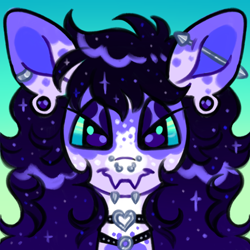 Size: 1000x1000 | Tagged: safe, alternate character, alternate version, artist:peaceandlove26, oc, oc only, oc:salem, bat pony, changepony, hybrid, pony, 2022, agender, bat pony oc, bust, choker, coat markings, colored pinnae, colored sclera, ear markings, ear piercing, earring, ethereal mane, eye markings, eyelashes, eyeshadow, facial markings, facing you, fangs, gauges, gradient background, gradient mane, green sclera, heart choker, hybrid oc, industrial piercing, jewelry, lavender coat, lip piercing, long mane, looking at you, makeup, nose piercing, old art, piercing, profile picture, purple coat, purple eyes, purple eyeshadow, purple mane, purple pupils, septum piercing, shiny mane, smiling, smiling at you, snake bites, snip (coat marking), solo, sparkly mane, starry mane, three toned ears, transmasculine