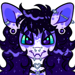 Size: 1000x1000 | Tagged: safe, alternate character, alternate version, artist:peaceandlove26, oc, oc only, oc:salem, bat pony, changepony, hybrid, pony, 2022, agender, bat pony oc, bust, choker, coat markings, colored pinnae, colored sclera, ear markings, ear piercing, earring, ethereal mane, eye markings, eyelashes, eyeshadow, facial markings, facing you, fangs, gauges, gradient mane, green sclera, heart choker, hybrid oc, industrial piercing, jewelry, lavender coat, lip piercing, long mane, looking at you, makeup, nose piercing, old art, piercing, profile picture, purple coat, purple eyes, purple eyeshadow, purple mane, purple pupils, septum piercing, shiny mane, simple background, smiling, smiling at you, snake bites, snip (coat marking), solo, sparkly mane, starry mane, three toned ears, transmasculine, transparent background