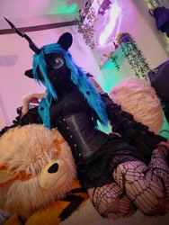 Size: 1536x2048 | Tagged: safe, artist:sy_6688, queen chrysalis, human, g4, animegao kigurumi, fursuit, indoors, irl, irl human, photo, plushie, ponysuit, sitting, solo