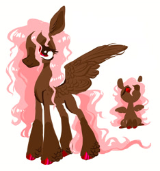 Size: 1732x1848 | Tagged: safe, artist:peaceandlove26, oc, oc only, oc:poppy prose, pegasus, pony, 2022, big ears, blank flank, blaze (coat marking), brown coat, coat markings, colored hooves, colored muzzle, colored pinnae, curly mane, curly tail, dark muzzle, ear fluff, eye clipping through hair, eyelashes, facial markings, feathered fetlocks, feathered wings, heart, heart eyes, hooves, long legs, long mane, long tail, old art, pegasus oc, pink mane, pink tail, profile, red eyes, red hooves, shiny hooves, shiny mane, shiny tail, simple background, socks (coat markings), solo, spread wings, standing, tail, white background, wingding eyes, wings