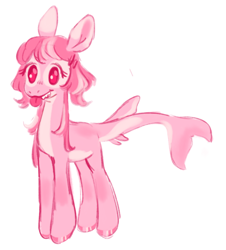 Size: 732x808 | Tagged: safe, artist:peaceandlove26, oc, oc only, oc:gummy, original species, pony, shark, shark pony, 2022, bobcut, colored, colored belly, colored eartips, colored hooves, colored pinnae, eye markings, facial markings, fins, flat colors, hairclip, hooves, old art, pale belly, pink body, pink eyes, pink hooves, pink mane, sharp teeth, shiny hooves, short hair, simple background, smiling, solo, sparkly eyes, tail, tail fin, teeth, three quarter view, three toned ears, tongue out, two toned ears, two toned mane, white background, wingding eyes