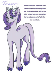 Size: 720x1005 | Tagged: safe, artist:cherrezzart, oc, oc only, oc:treasure, dracony, hybrid, pony, g4, female, horns, interspecies offspring, mare, name, offspring, parent:rarity, parent:spike, parents:sparity, simple background, solo, text, white background