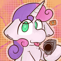 Size: 2048x2048 | Tagged: safe, artist:felixmcfurry, sweetie belle, pony, unicorn, g4, :p, cute, diasweetes, emoji, female, filly, floppy ears, foal, gun, horn, looking at you, outline, pointing gun, skull, solo, this will end in death, this will end in tears, this will end in tears and/or death, tongue out, weapon, white fur, white outline, 💀