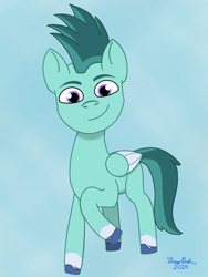 Size: 3072x4096 | Tagged: safe, artist:twiny dust, thunder flap, pegasus, pony, g5, my little pony: tell your tale, light blue background, male, raised hoof, simple background, solo, stallion