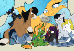 Size: 3483x2438 | Tagged: safe, artist:parallel black, artist:polofastter, oc, oc:athera, oc:coastal bounty, oc:metal insignia, oc:opal brona, oc:pitch pine, oc:rubina magna, oc:surprise, oc:swift, bat pony, original species, pegasus, plane pony, pony, sea pony, snake, snake pony, unicorn, blushing, bracelet, clothing, cloven hooves, commission, crying, dialogue, fangs, forked tongue, giant pony, group, harem, horn, jewelry, licking, licking lips, long tongue, macro, necklace, plane, simple background, slit pupils, spread wings, tongue out, traditional art, underhoof, wingboner, wings