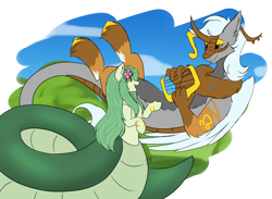 Size: 4100x3000 | Tagged: safe, artist:shamy-crist, oc, oc only, oc:apollo, oc:lamey, draconequus, lamia, original species, snake, snake pony, big tail, bracelet, curved horn, duo, duo male and female, fat tail, female, flower, flower in hair, folded wings, gold bracelet, horn, jewelry, lidded eyes, long mane, looking at each other, looking at someone, lyre, male, musical instrument, neck fluff, signature, smiling, smiling at each other, tail, wings