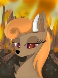 Size: 780x1050 | Tagged: safe, artist:wornpaladin, artist:worny, oc, oc:viira lehtola, deer, equestria at war mod, arson, bad, bad end, bedroom eyes, burning, deer oc, dirt, dirty, evil, evil smile, fire, forest, forest background, horn, nature, non-pony oc, orange mane, outdoors, purple eyes, smiling, tree