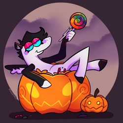 Size: 2048x2048 | Tagged: safe, artist:falloutfurret, oc, oc only, pegasus, pony, anatomically incorrect, candy, female, food, halloween, holiday, incorrect leg anatomy, jack-o-lantern, lidded eyes, lollipop, looking at you, mare, pumpkin, smiling, smiling at you, solo, suddenly hands, ych example