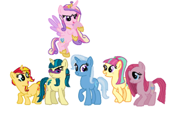 Size: 796x542 | Tagged: safe, artist:diana173076, juniper montage, pinkie pie, princess cadance, sour sweet, sunset shimmer, trixie, alicorn, pony, unicorn, g4, alternate mane six, alternate universe, base used, earth pony sour sweet, equestria girls ponified, female, group, horn, mare, pinkamena diane pie, ponified, sextet, simple background, unicorn juniper montage, white background