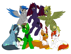 Size: 5000x3800 | Tagged: safe, artist:decemberbreeze, oc, oc only, bat pony, kirin, pegasus, pony, unicorn, bat pony oc, group, horn, kirin oc, pegasus oc, simple background, transparent background, unicorn oc