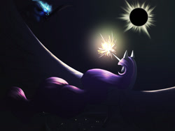 Size: 1280x960 | Tagged: safe, artist:starshine74, nightmare moon, princess celestia, alicorn, pony, g4, duo, eclipse, pink-mane celestia