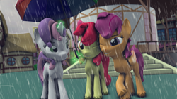 Size: 1920x1080 | Tagged: safe, artist:scorp125, apple bloom, scootaloo, sweetie belle, earth pony, pegasus, pony, unicorn, g4, 3d, cute, cutie mark crusaders, female, horn, outdoors, ponyville, ponyville town hall, rain, source filmmaker, trio, trio female, umbrella