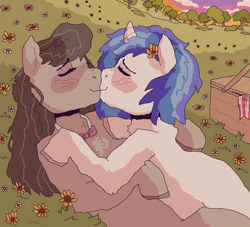 Size: 1320x1200 | Tagged: safe, artist:vemrill, dj pon-3, octavia melody, vinyl scratch, earth pony, pony, unicorn, g4, basket, duo, duo female, eyes closed, female, grass, horn, kiss on the lips, kissing, lesbian, outdoors, picnic basket, ship:scratchtavia, shipping, sky, tree