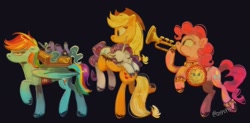 Size: 2184x1071 | Tagged: safe, artist:coypuppy, applejack, pinkie pie, princess luna, rainbow dash, rarity, alicorn, earth pony, pegasus, pony, unicorn, g4, bipedal, black background, carrying, female, holding a pony, horn, mare, musical instrument, quadrupedal, simple background, trumpet, walking