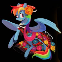 Size: 1111x1111 | Tagged: safe, artist:coypuppy, rainbow dash, pegasus, pony, g4, black background, clothes, dress, female, mare, mexico, rainbow dash always dresses in style, simple background, solo