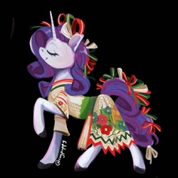 Size: 1155x1155 | Tagged: safe, artist:coypuppy, rarity, pony, unicorn, g4, black background, china poblana, clothes, dress, female, horn, mare, mexico, simple background, solo