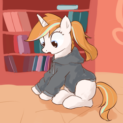 Size: 431x431 | Tagged: safe, artist:all lyres for lyra, oc, oc only, oc:distant haze, alicorn, pony, bookshelf, clothes, female, hoodie, mare, open mouth, sitting, solo