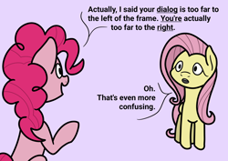 Size: 2048x1448 | Tagged: safe, artist:ewoudcponies, fluttershy, pinkie pie, earth pony, pegasus, pony, g4, confused, dialogue, duo, duo female, female, looking at each other, looking at someone, mare, meta humor, open mouth, pinkie being pinkie, purple background, simple background