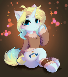 Size: 3444x3874 | Tagged: safe, artist:empress-twilight, oc, oc only, oc:cloudy white, pony, unicorn, butt, cheek fluff, clothes, commission, dock, ear fluff, eye clipping through hair, eyebrows, eyebrows visible through hair, female, horn, leg fluff, looking at you, mare, plot, smiling, smiling at you, solo, sparkles, tail, underhoof, unicorn oc, ych result