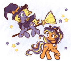 Size: 700x600 | Tagged: safe, artist:fizpup, abra-ca-dabra, pumpkin tart, earth pony, pony, g3, bell, bell collar, broom, cat ears, collar, duo, duo female, female, flying, flying broomstick, hair over one eye, hat, looking at each other, looking at someone, mare, smiling, witch hat