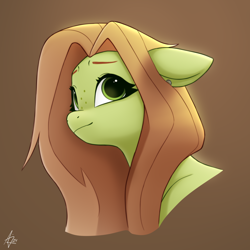 Size: 2000x2000 | Tagged: safe, artist:luminousdazzle, oc, oc only, oc:lumina, pegasus, pony, brown background, ear piercing, female, floppy ears, freckles, green eyes, long mane, looking up, mare, pegasus oc, piercing, signature, simple background, smiling, solo