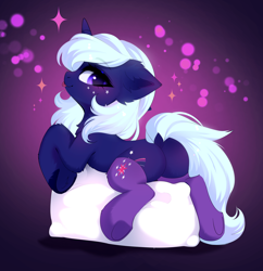 Size: 3880x4014 | Tagged: safe, artist:empress-twilight, oc, oc only, oc:stella skysong, pony, unicorn, :p, blushing, butt, chest fluff, clothes, commission, dock, ear fluff, eyebrows, eyebrows visible through hair, female, horn, looking back, lying down, mare, pillow, plot, prone, smiling, socks, solo, sparkles, tail, thigh highs, tongue out, twilight sparkle's cutie mark, underhoof, unicorn oc, ych result