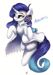 Size: 3428x4854 | Tagged: safe, artist:fluttersheeeee, oc, oc only, oc:amaris, pony, unicorn, cape, clothes, female, horn, mare, not rarity, simple background, smiling, solo, unicorn oc, white background