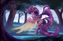 Size: 4473x2926 | Tagged: safe, artist:fluttersheeeee, oc, oc only, pegasus, pony, coat markings, colored wings, dappled, female, forest, grass, looking at you, looking back, looking back at you, mare, nature, outdoors, pegasus oc, scenery, smiling, smiling at you, solo, spread wings, tail, tree, wings