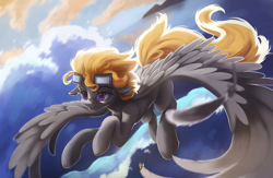 Size: 2903x1890 | Tagged: safe, artist:fluttersheeeee, oc, oc only, oc:aj, pegasus, pony, cloud, female, flying, goggles, goggles on head, mare, outdoors, pegasus oc, sky, solo, spread wings, tail, wings