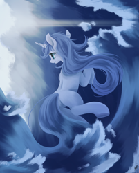 Size: 3244x4033 | Tagged: safe, artist:fluttersheeeee, oc, oc only, pony, unicorn, blue, female, flowing mane, flowing tail, horn, mare, monochrome, ocean, outdoors, solo, tail, unicorn oc, water, wave