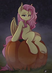 Size: 1448x2048 | Tagged: safe, artist:cottonaime, fluttershy, bat pony, pony, g4, bat ponified, bat wings, female, flutterbat, human shoulders, mare, missing cutie mark, outdoors, pumpkin, race swap, sitting, smiling, solo, underhoof, wings