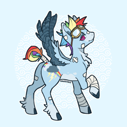 Size: 1000x1000 | Tagged: safe, artist:sokoistrying, rainbow dash, pegasus, g4, alternate design, bandage, base used, colored wings, goggles, goggles on head, wings