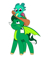 Size: 1200x1500 | Tagged: safe, artist:prixy05, sparky sparkeroni, oc, oc:cortez colt, dracony, dragon, hybrid, g5, my little pony: tell your tale, baby, baby dragon, bat wings, dragon hat, duo, duo male, hat, male, simple background, transparent background, vector, wings