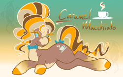 Size: 1625x1012 | Tagged: safe, artist:susfully_inspired, oc, oc only, oc:caramel.m, earth pony, pony, bowtie, coffee, coffee mug, earth pony oc, gradient background, lying down, mug, necktie, ponytail, pose, solo