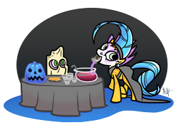 Size: 1920x1400 | Tagged: safe, artist:mafon, spike, oc, oc:pomel d'terre, dragon, earth pony, pony, g4, clothes, costume, drink, duo, ghost costume, halloween, halloween costume, holiday, jack-o-lantern, potion, pumpkin, punch (drink), punch bowl