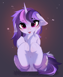 Size: 3044x3713 | Tagged: safe, artist:empress-twilight, oc, oc only, oc:dreaming bell, pony, unicorn, :p, belly, belly button, blushing, butt, cheek fluff, chest fluff, commission, cute, ear fluff, eye clipping through hair, eyebrows, eyebrows visible through hair, featureless crotch, female, floppy ears, hooves together, horn, legs in air, looking at you, mare, ocbetes, smiling, smiling at you, solo, tail, tongue out, two toned coat, underhoof, unicorn oc, ych result