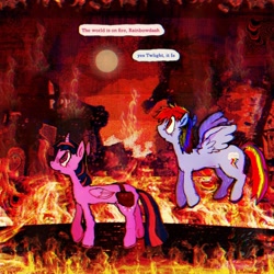 Size: 1440x1440 | Tagged: safe, artist:vemrill, rainbow dash, twilight sparkle, alicorn, pegasus, pony, g4, burning, dialogue, duo, duo female, english, female, fire, mare, outdoors, side view, talking, text, twilight sparkle (alicorn), walking