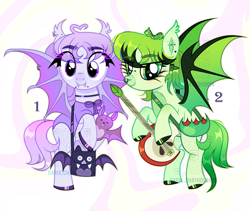 Size: 3645x3082 | Tagged: safe, artist:daria_chaykovskya, oc, oc only, bat pony, caterpillar, pony, adoptable, bag, bat pony oc, bridge piercing, duo, ear piercing, ear tufts, eye clipping through hair, fangs, guitar, halloween, heart ahoge, holiday, industrial piercing, long eyelashes, musical instrument, nose piercing, nose ring, piercing, plushie, watermark