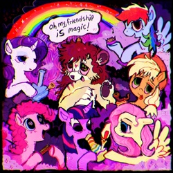 Size: 1440x1440 | Tagged: safe, artist:vemrill, applejack, fluttershy, pinkie pie, rainbow dash, rarity, twilight sparkle, earth pony, pegasus, pony, unicorn, g4, apple high, bong, drugs, female, flutterhigh, furry, high, highlight sparkle, horn, mane six, mare, marijuana, pinkie high, rainbow, rainbow high, rarijuana