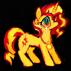 Size: 2048x2048 | Tagged: safe, artist:vemrill, sunset shimmer, pony, unicorn, g4, black background, crying, female, horn, mare, red mane, simple background, solo, tail, yellow coat, yellow mane, yellow tail