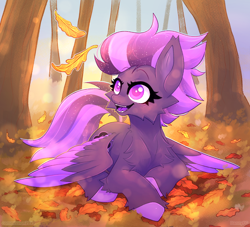 Size: 1288x1172 | Tagged: safe, artist:dannyfeelsgood, oc, oc only, oc:shadow galaxy, pegasus, pony, autumn, autumn leaves, blushing, cheek fluff, chest fluff, commission, cute, ear fluff, ethereal mane, fangs, female, fluffy, forest, hooves, leaves, lying down, mare, nature, open mouth, smiling, solo, starry mane, starry tail, tail, tree, unshorn fetlocks, ych result