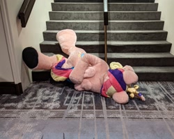 Size: 2048x1643 | Tagged: safe, artist:qtpony, artist:zizzydizzymc, princess cadance, g4, family guy death pose, female, fursuit, indoors, irl, on ground, photo, ponysuit, solo, stairs