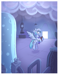 Size: 2268x2862 | Tagged: safe, alternate version, artist:bkiltersot, feather flatterfly, pegasus, pony, g4, clipboard, clothes, cloud, concerned, floating, glasses, indoors, machinery, male, passepartout, solo, stallion, weather factory, weather factory uniform